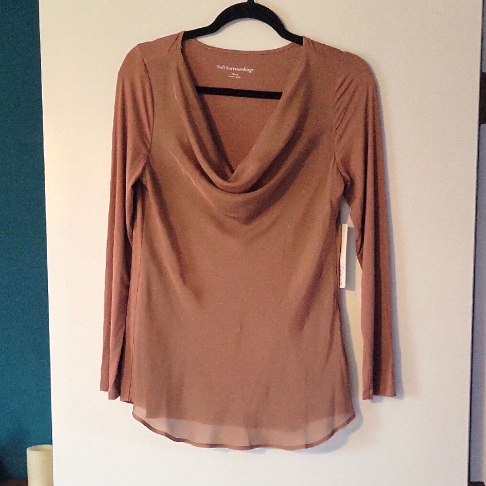 Soft Surroundings Long Sleeve Drape Neck Shirt Brown XS 2-4 NWT